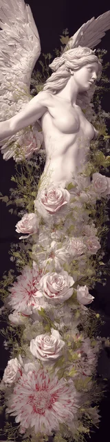 Free angel bookmark featuring an angel sky surfing with flowers